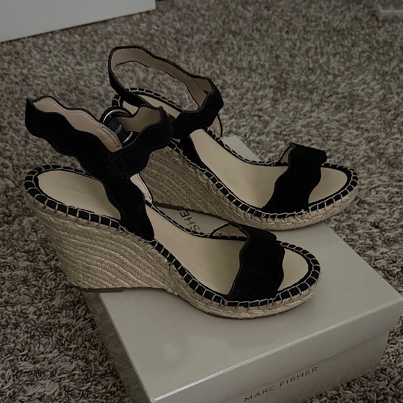 Marc Fisher Shoes - Marc Fisher Black and Tan Wedge Sandals